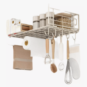 Almacenamiento colgante de cocina multiuso con repisa y ganchos organizadores
