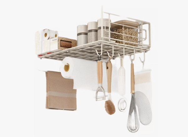 Almacenamiento colgante de cocina multiuso con repisa y ganchos organizadores