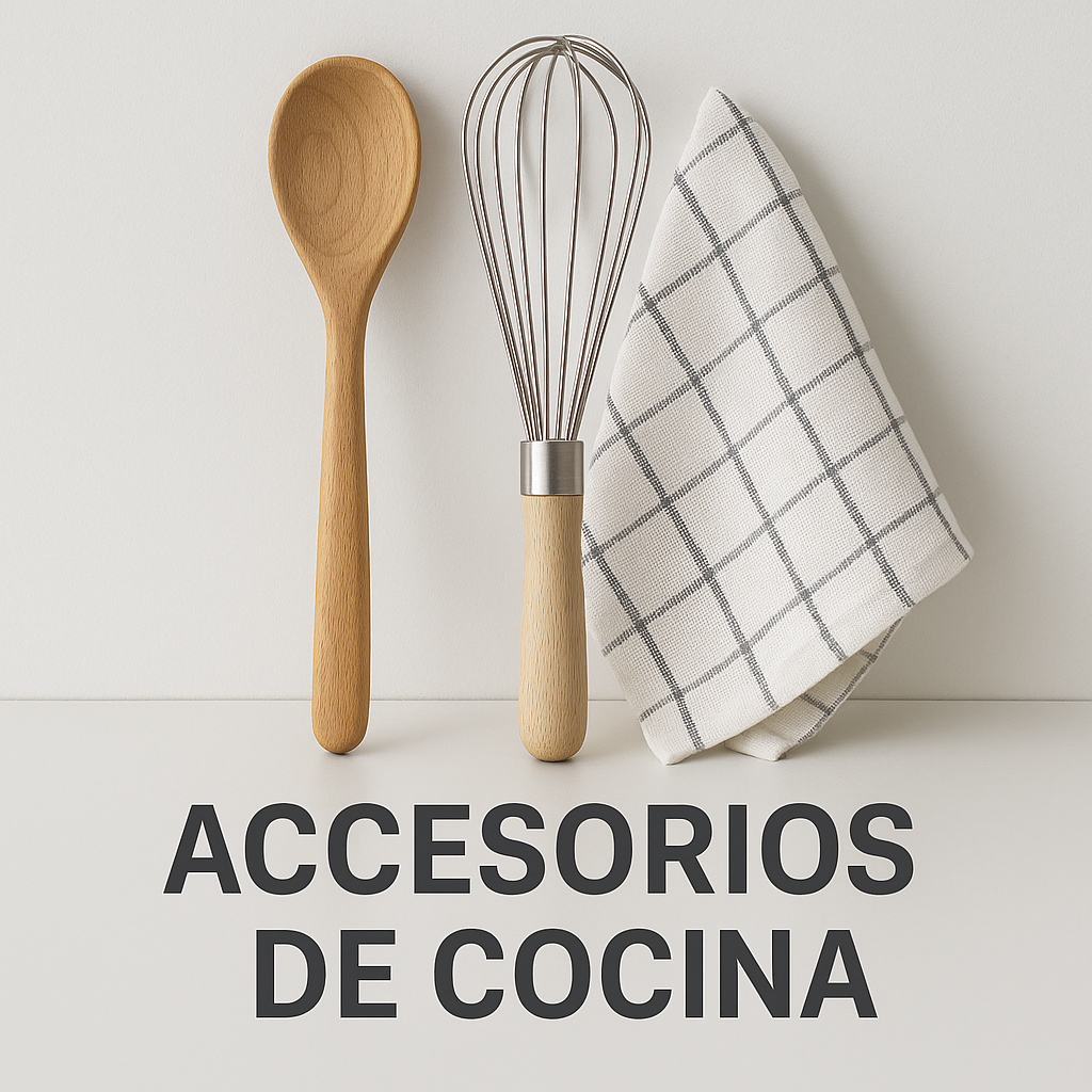 “Accesorios de cocina: cuchara de madera, batidor de acero y paño de tela a cuadros”