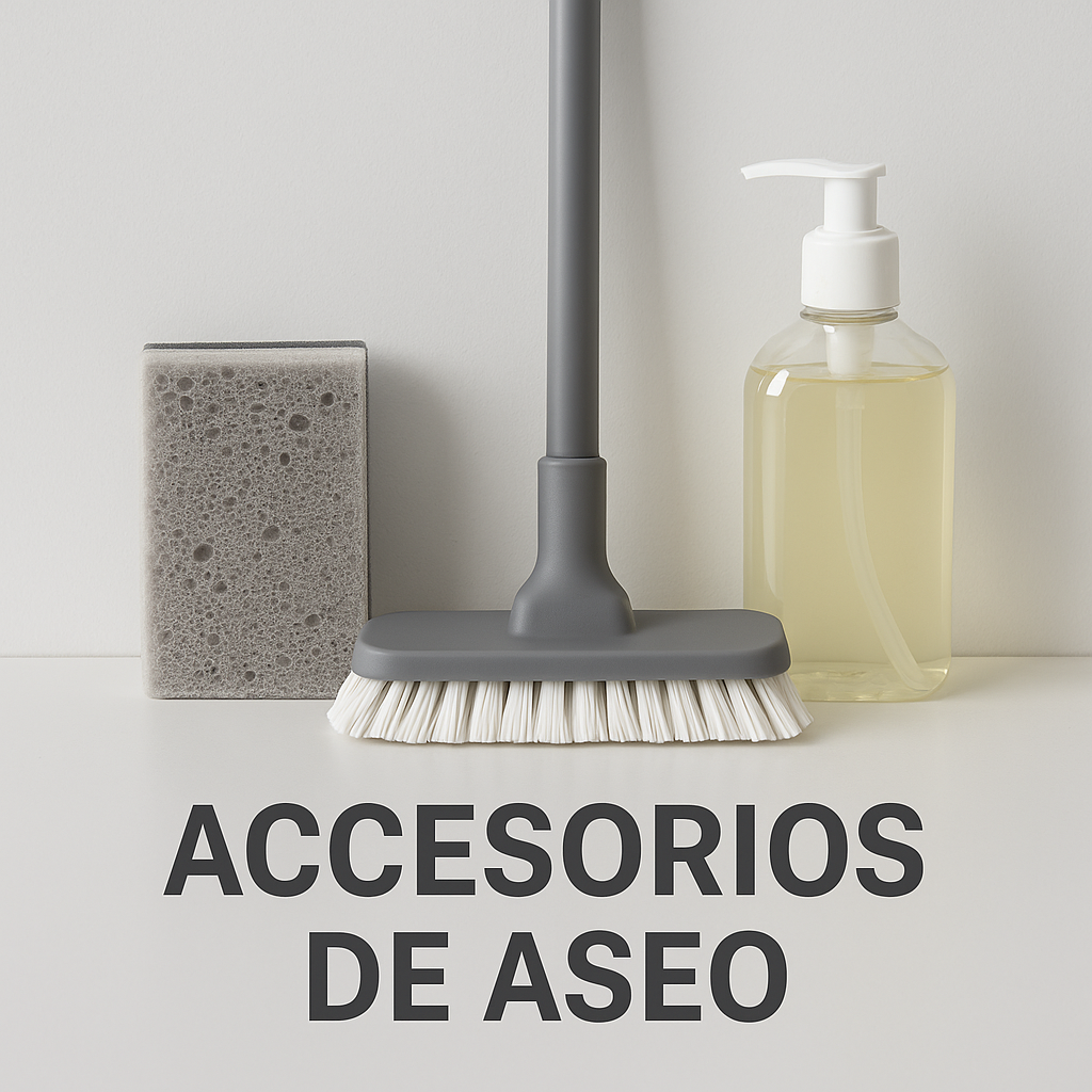 “Accesorios de aseo: escoba gris, esponja y botella de jabón líquido”