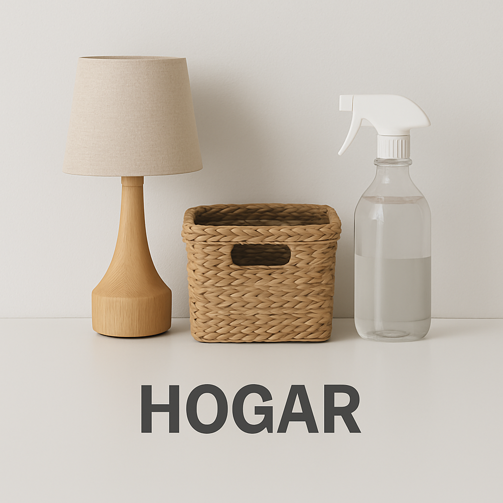 “Productos para el hogar: lámpara decorativa, caja organizadora y spray de limpieza”